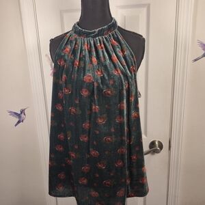 LOFT Floral Velvet Shirred Halter Top Dark Teal Red Roses Size L